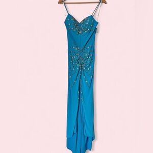 Elegant Teal Evening Gown with Beaded Detail